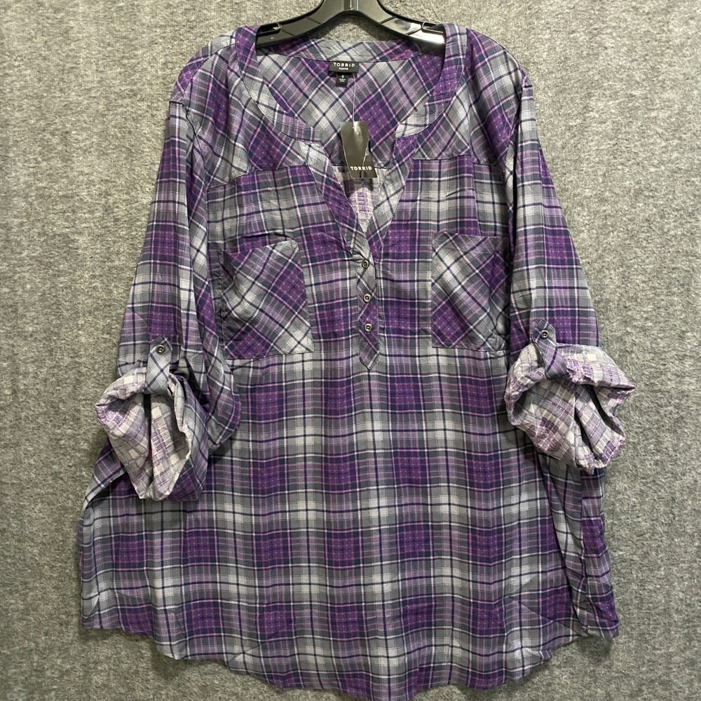 NEW Torrid Harper Top Womens 6 6X Purple Plaid Roll Tab Grunge Casual Office